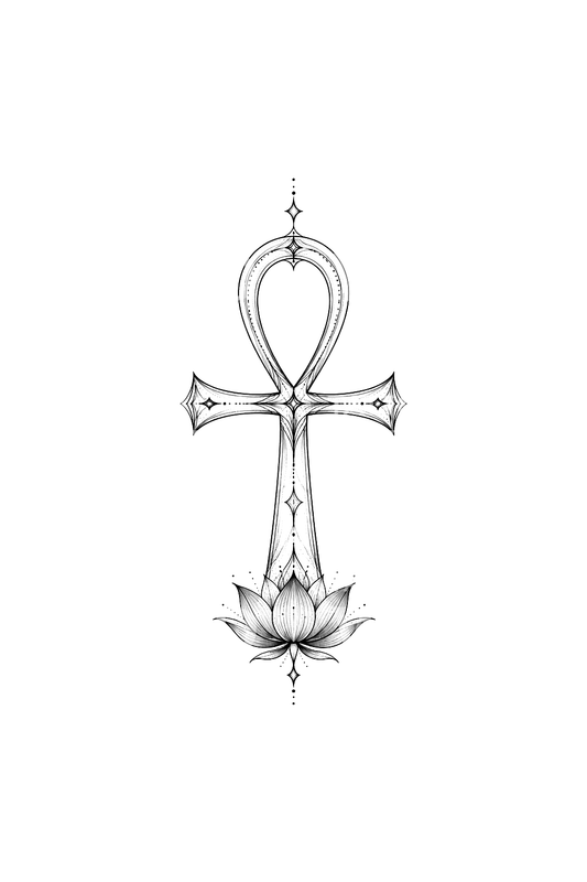Ankh with Blue Lotus Fine Line Tattoo Design