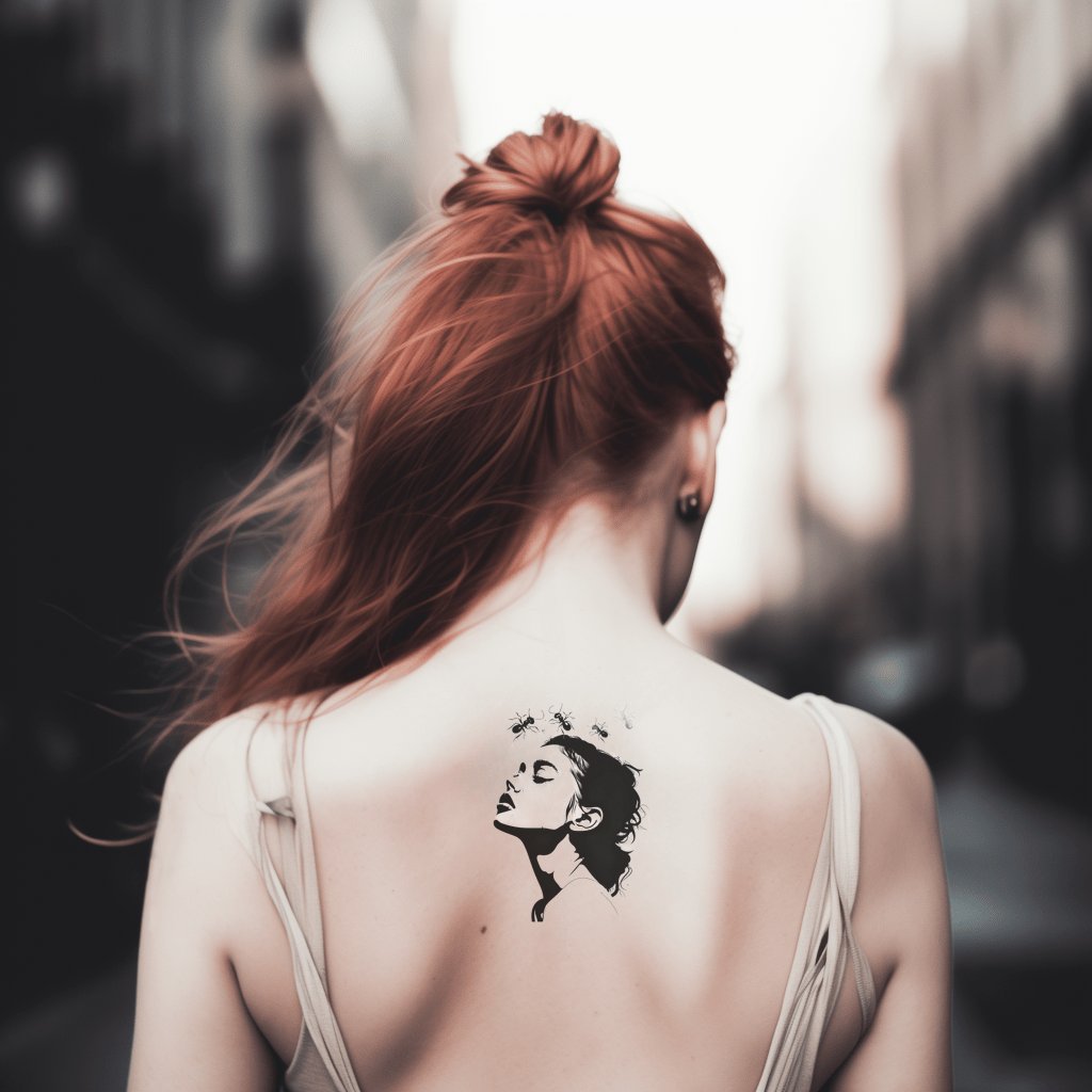 Minimalistisches Frauenporträt mit Ameise Tattoo