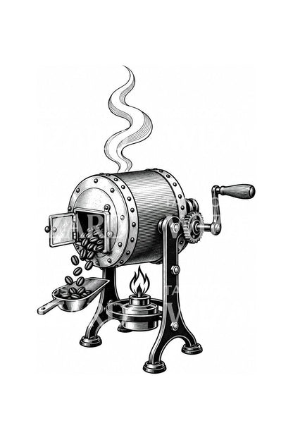 Ilustração de tatuagem de tambor antigo de torrefação de café