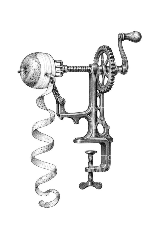 Tattoo-illustrasjon av en antikk epleskreller med sveiv
