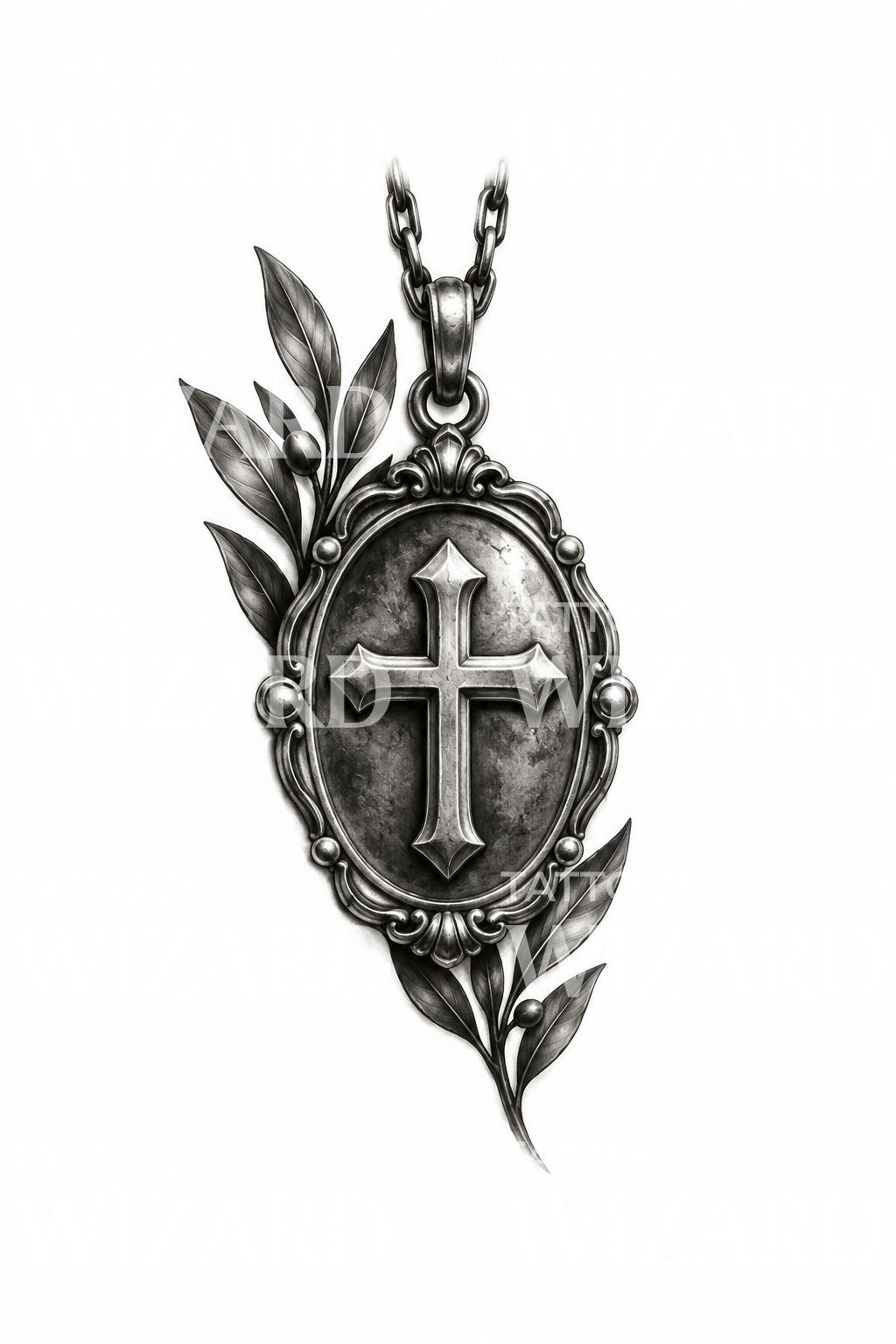 Diseño de tatuaje de medalla antigua con cruz y laurel