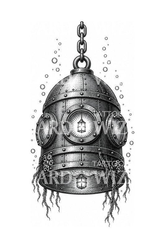 Diseño de tatuaje de campana de buceo antigua