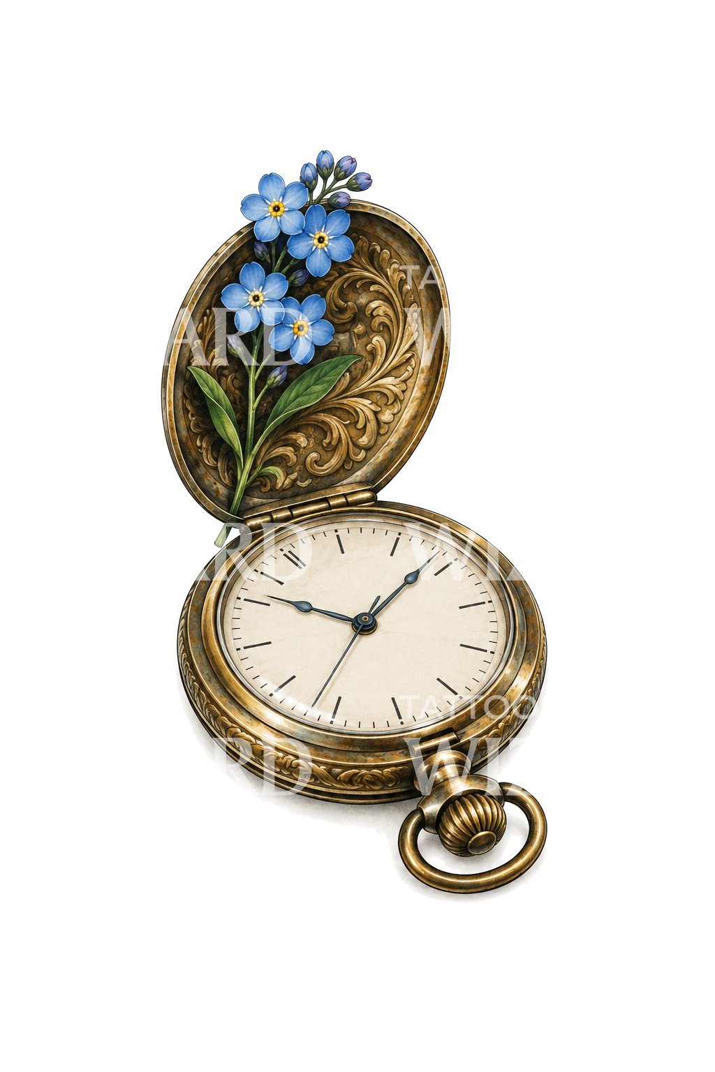 Antique Timepiece Lid Holding Blue Blossoms Tattoo Illustration
