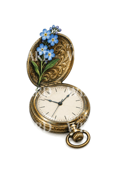 Antique Timepiece Lid Holding Blue Blossoms Tattoo Illustration
