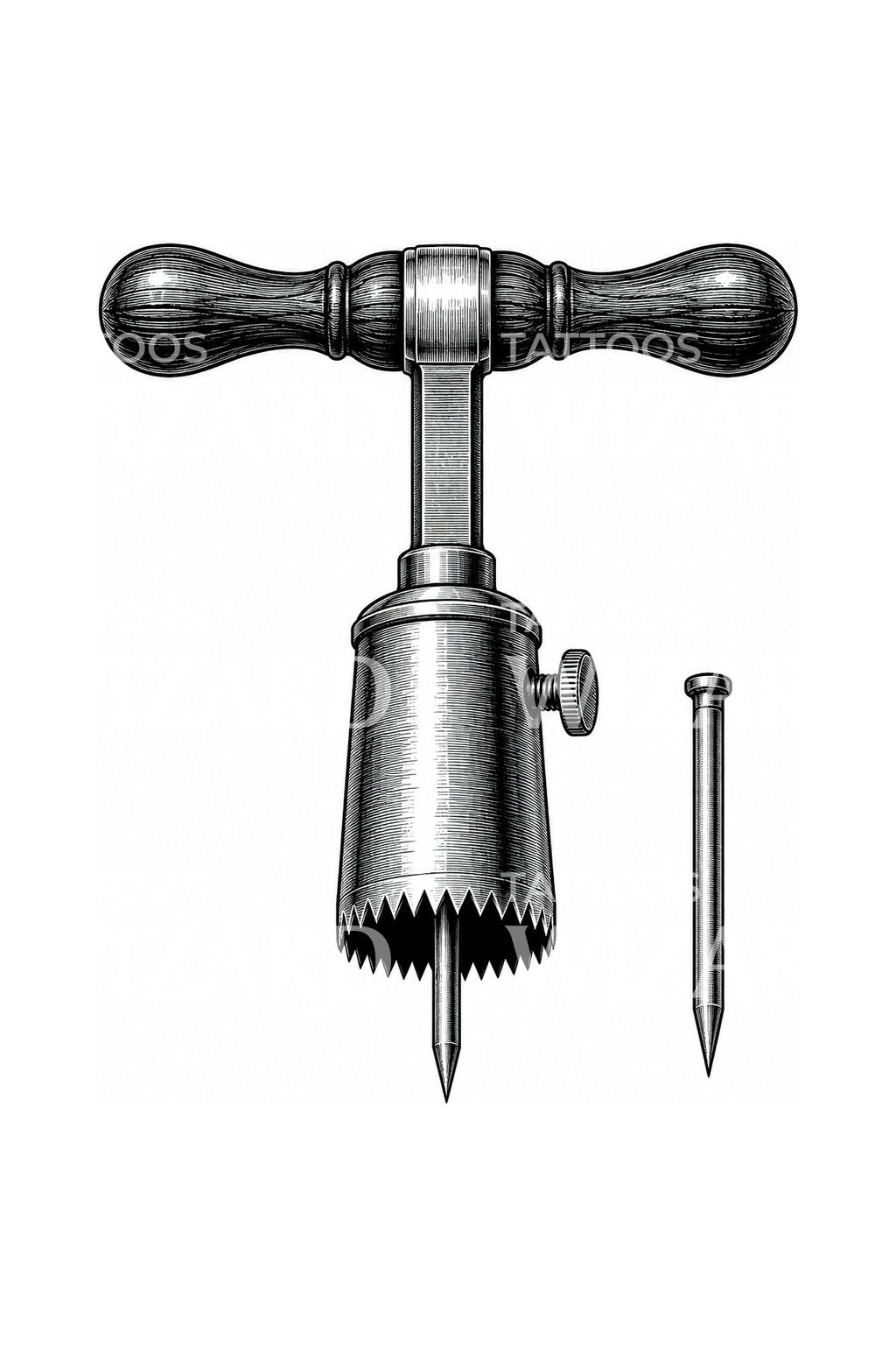 Tetovací motiv starožitné korunové trepanační pily