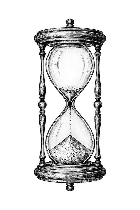 Fineline-tatoveringsdesign av antikt timeglass i tre