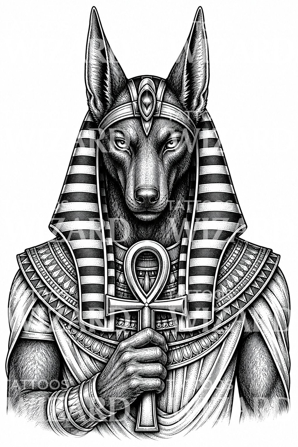 Ilustrace tetovani egyptského boha Anubise