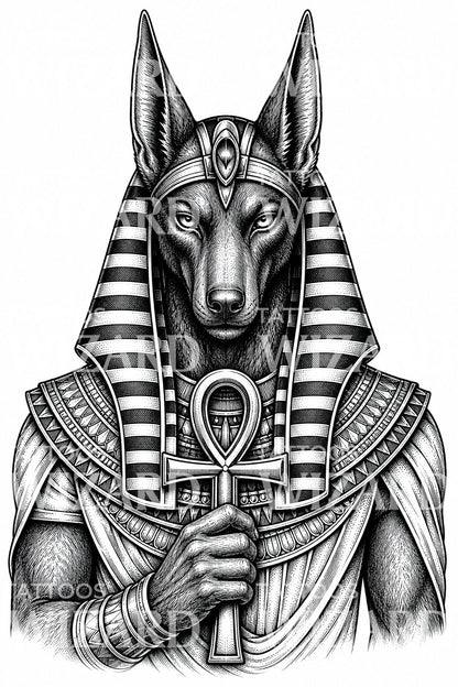 Ilustrace tetovani egyptského boha Anubise