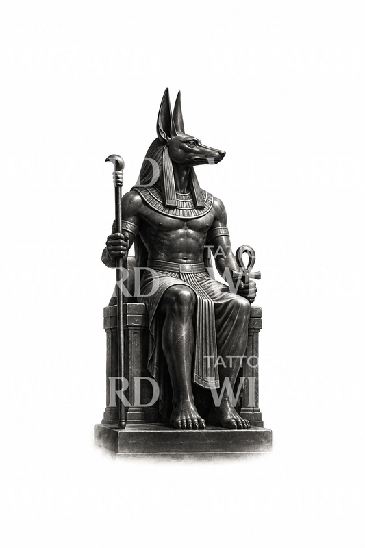 Anubis på basalttron, tatueringsdesign