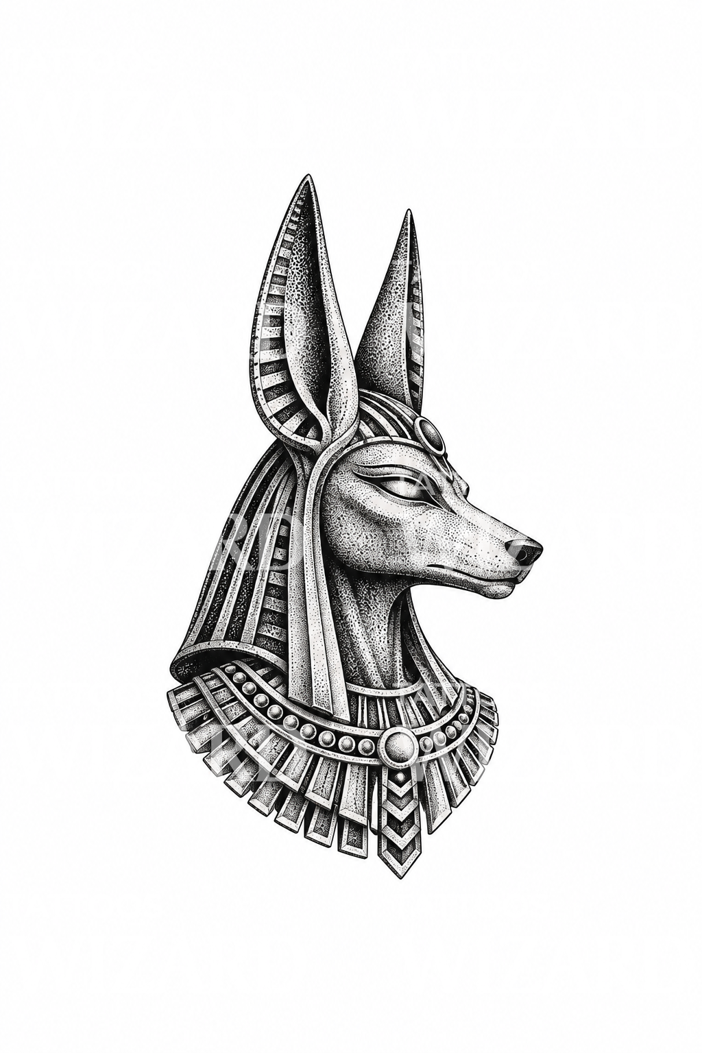 Patung kepala serigala Anubis dari samping, tato dotwork