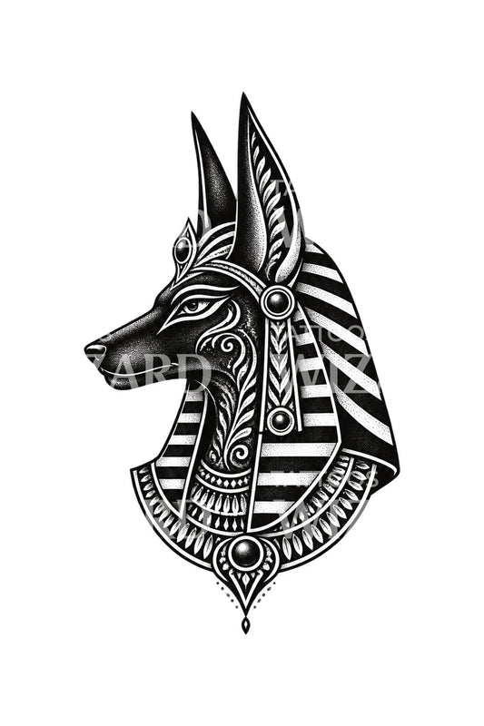 Anubiksen profiili blackwork-tatuointidesignina