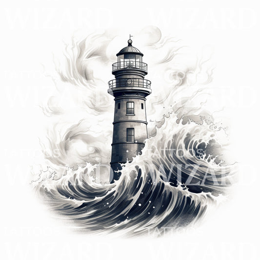 Conception de tatouage de phare noir et gris