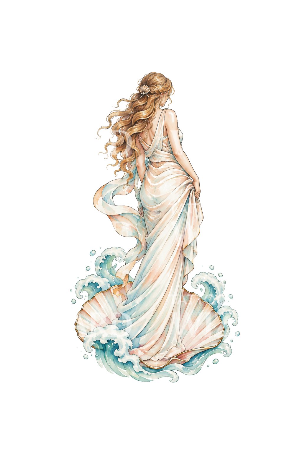 Aphrodite on Scallop Shell Watercolor Tattoo Illustration
