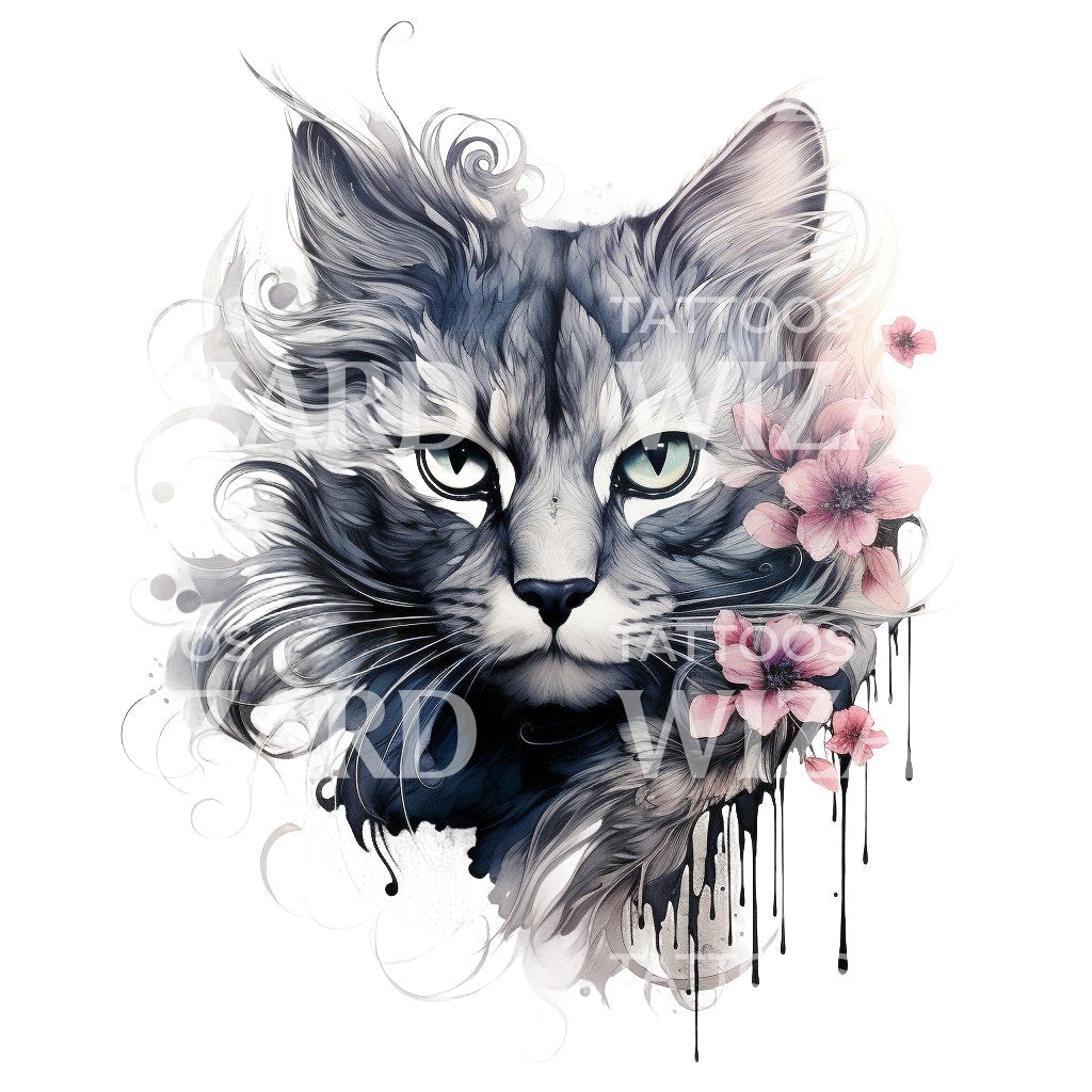 Illustratives Katzenporträt mit Blumen Tattoo-Design