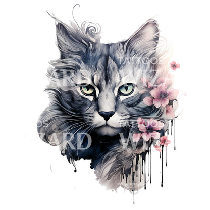 Illustrative Cat Portrait with Flowers Tattoo Design