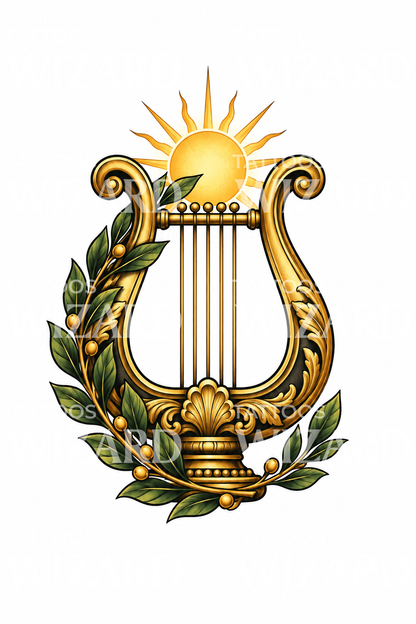 Lyre dorée d’Apollon avec laurier et soleil