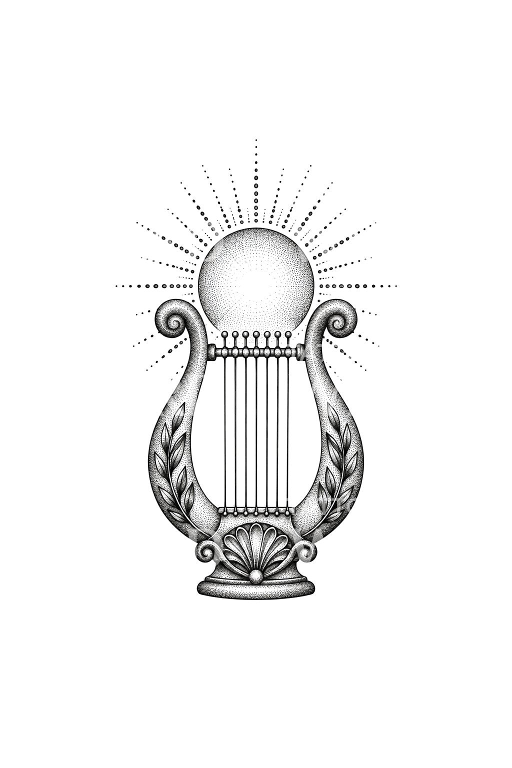 Design de tatuagem da lira de Apolo e de um sol radiante em dotwork