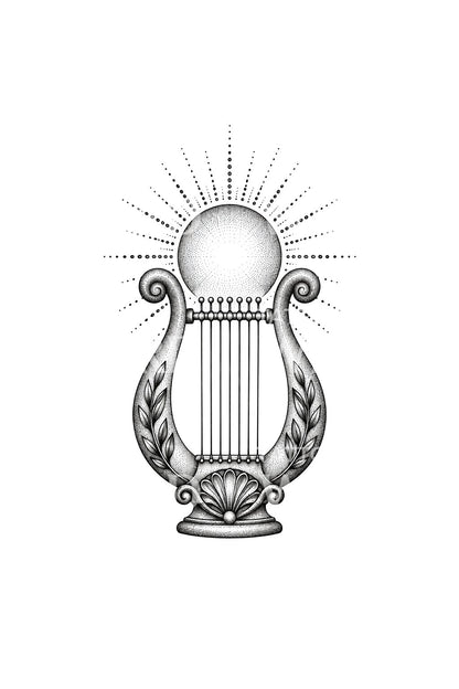 Design de tatuagem da lira de Apolo e de um sol radiante em dotwork
