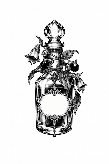 Tatuering av apoteksflaska med belladonna