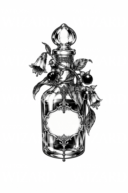 Tattoo med apotekerflaske og belladonna