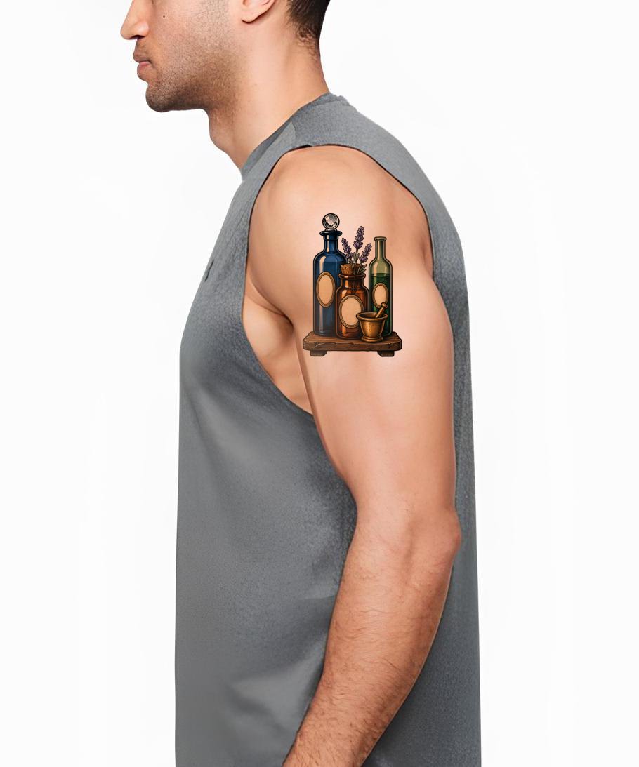 Apothecary Bottles and Mortar Tattoo Design