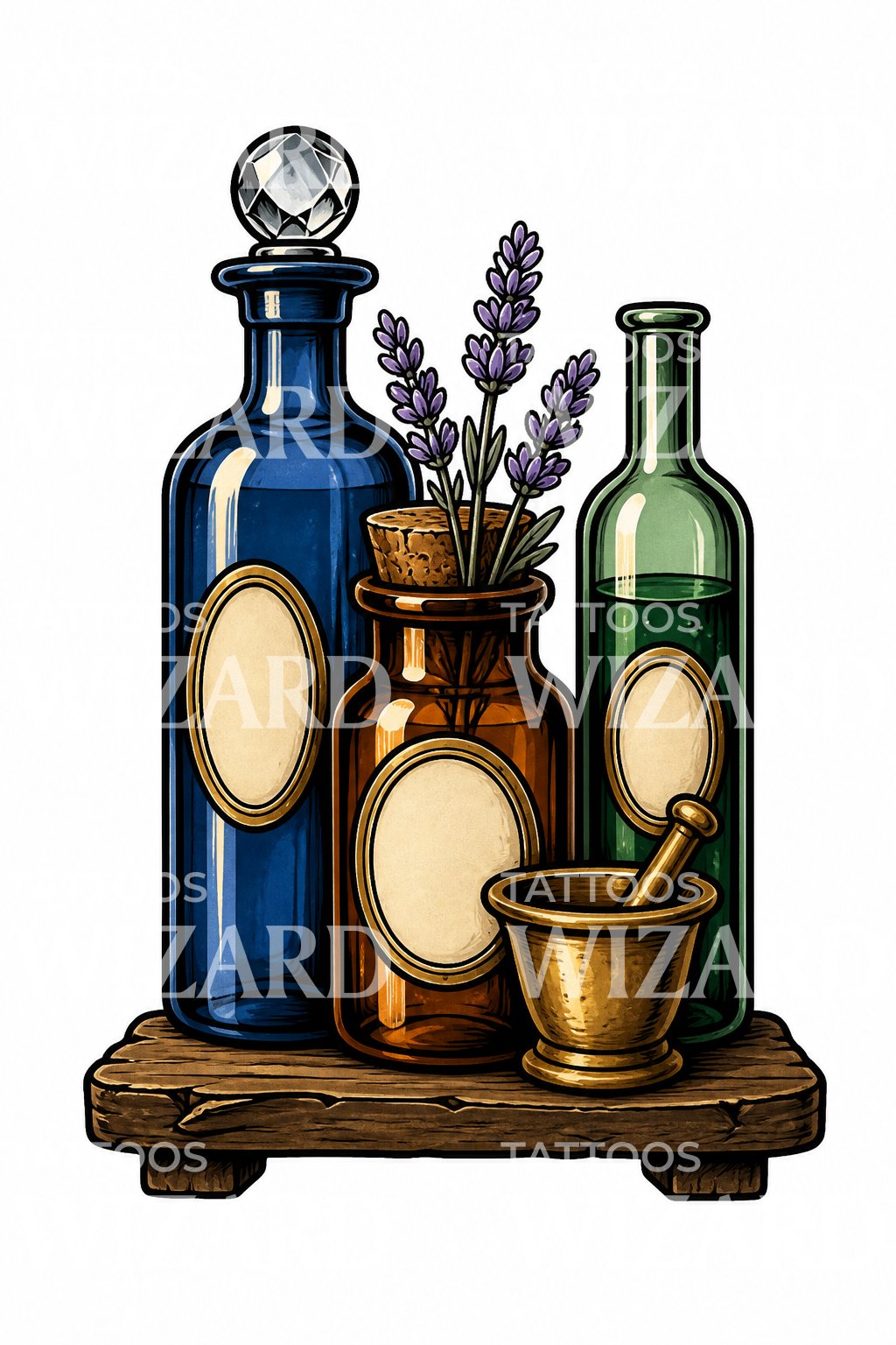 Apothecary Bottles and Mortar Tattoo Design