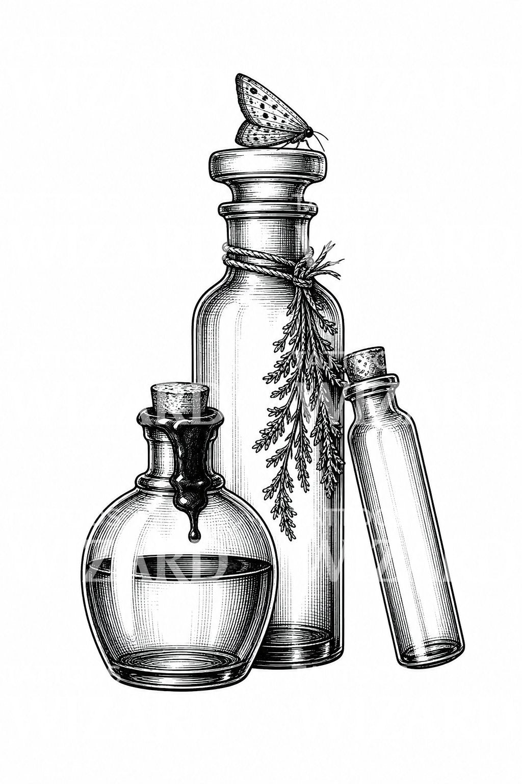 Apothecary Bottles with Moth Tattoo Illustration