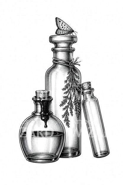 Apothecary Bottles with Moth Tattoo Illustration
