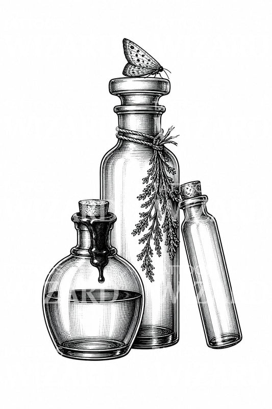 Apteczne buteleczki z ilustracją ćmy do tatuażu