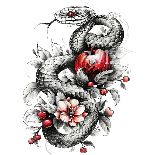 Apple Tree Temptation Snake Tattoo Design