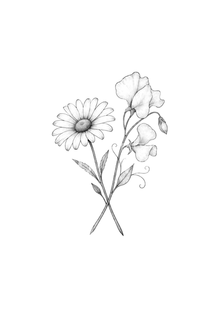 Fineline-tatovering med aprilblomst, tusenfryd og erteblomst