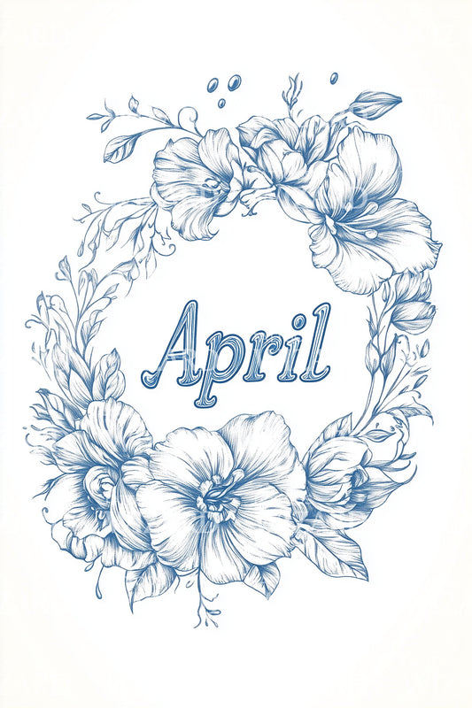 April Blue Line Florals Tattoo Illustration