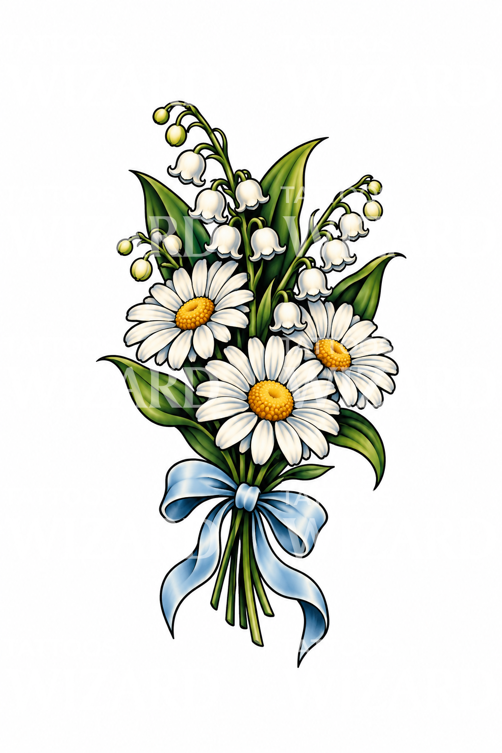 Tatovering med tusenfryd og liljekonvall for april og mai