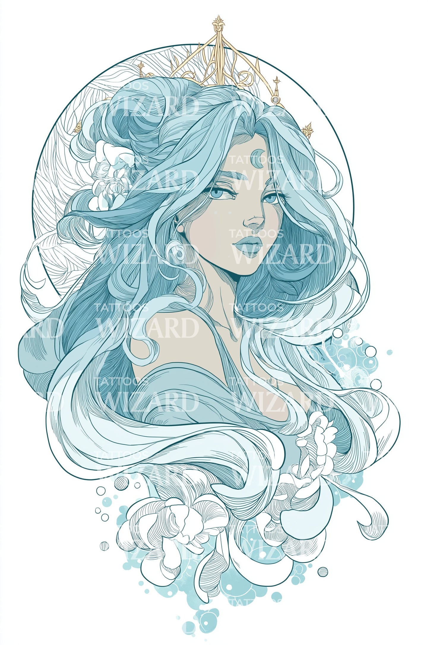 Aqua Tidal Goddess Tattoo Design