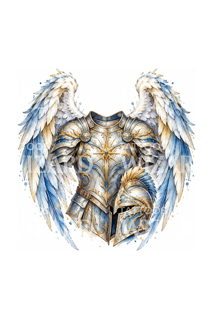 Tatuaggio ad acquerello dell’armatura e delle ali dell’arcangelo