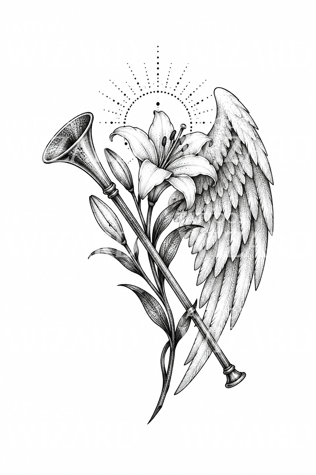 Archangel Gabriel Trumpet and Lily Tattoo Design