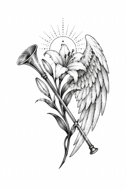 Archangel Gabriel Trumpet and Lily Tattoo Design
