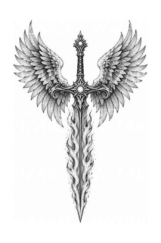 Erkeengelen Mikael med flammende sverd og vinger, dotwork-tatovering
