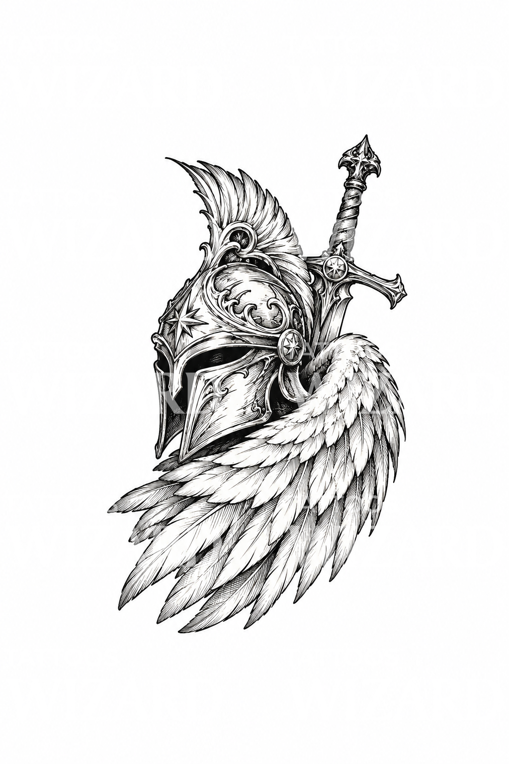 Tatuaje boceto del casco y ala del arcángel Miguel