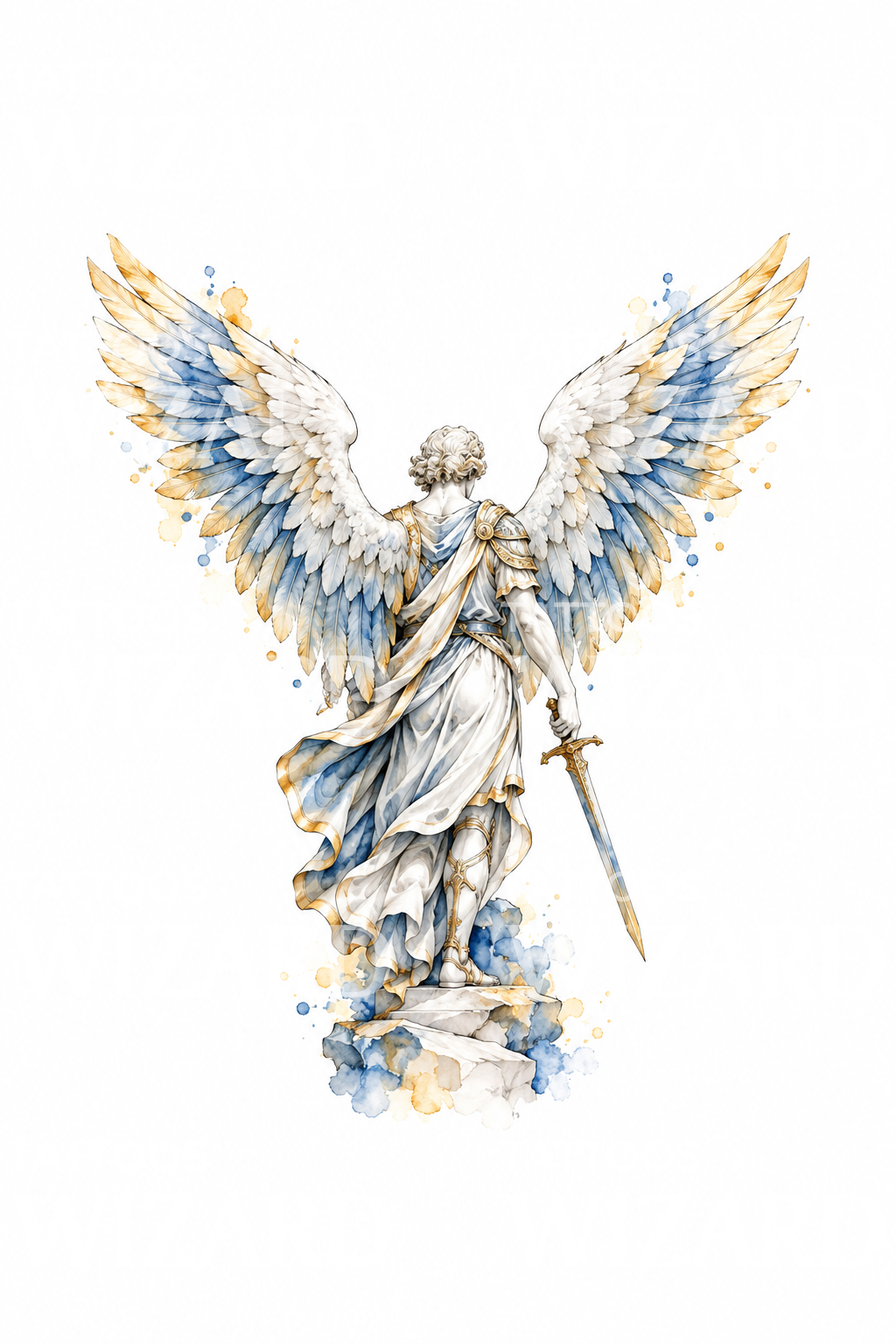 Archangel Michael Marble Statue from Behind Watercolor Tattoo