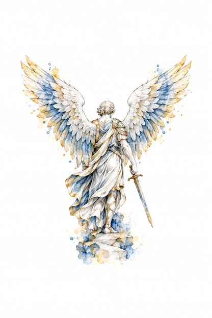Archangel Michael Marble Statue from Behind Watercolor Tattoo