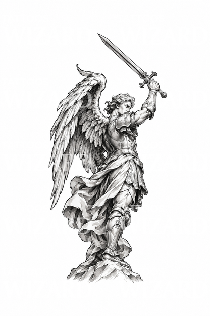 Tattoo-ontwerp van een marmeren beeld van aartsengel Michaël