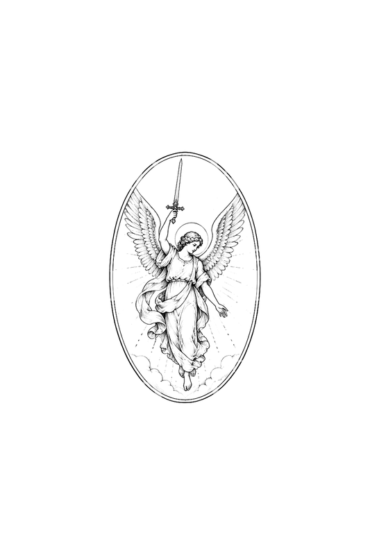 Fine-Line-Tattoo-Design mit ovaler Medaille des Erzengels Michael