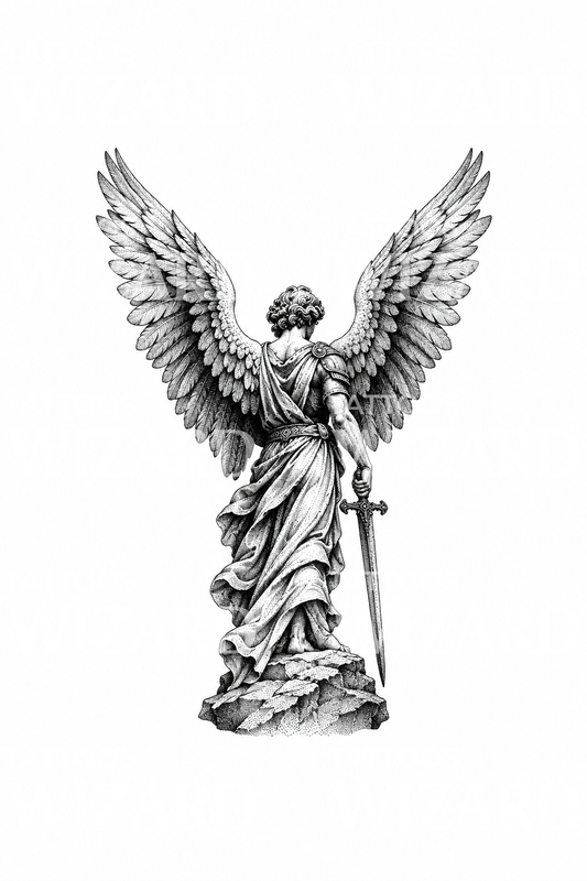 Dotwork-Tattoo-Design der Statue Erzengel Michael von hinten