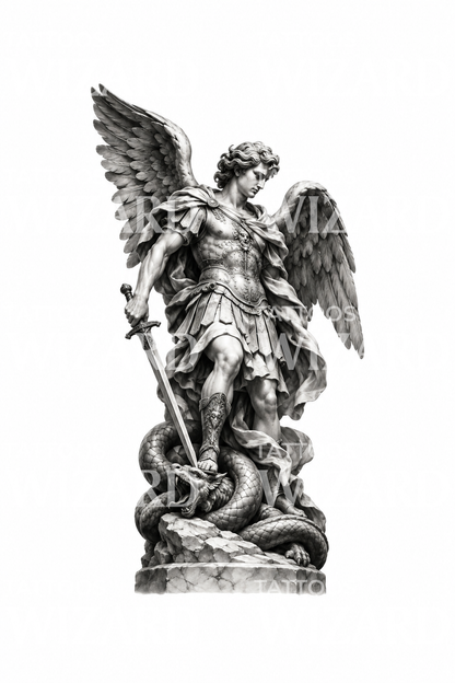 Archangel Michael Statue Slaying Serpent Realism Tattoo