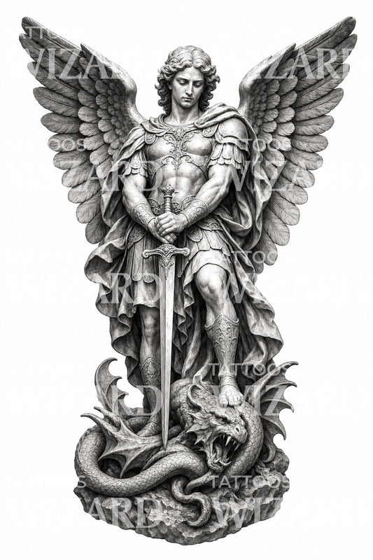 Diseño de tatuaje de estatua del Arcángel Miguel