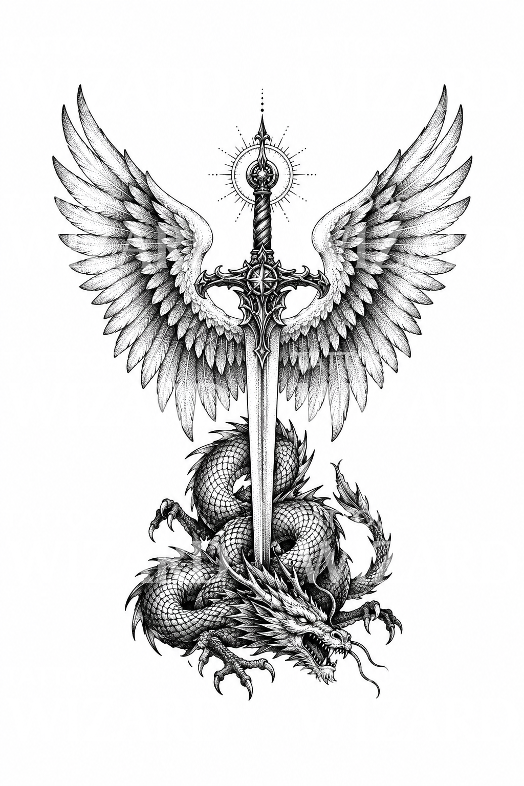 Archangel Michael Sword over Dragon Stippled Tattoo
