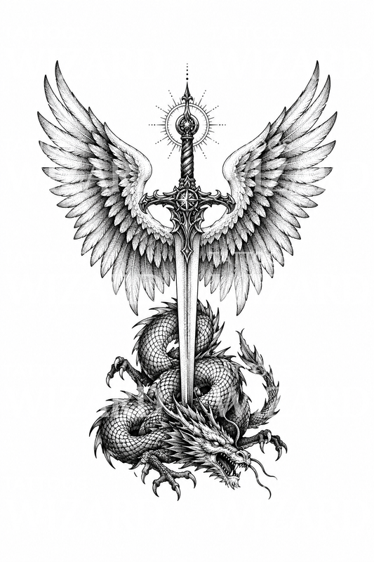 Archangel Michael Sword over Dragon Stippled Tattoo