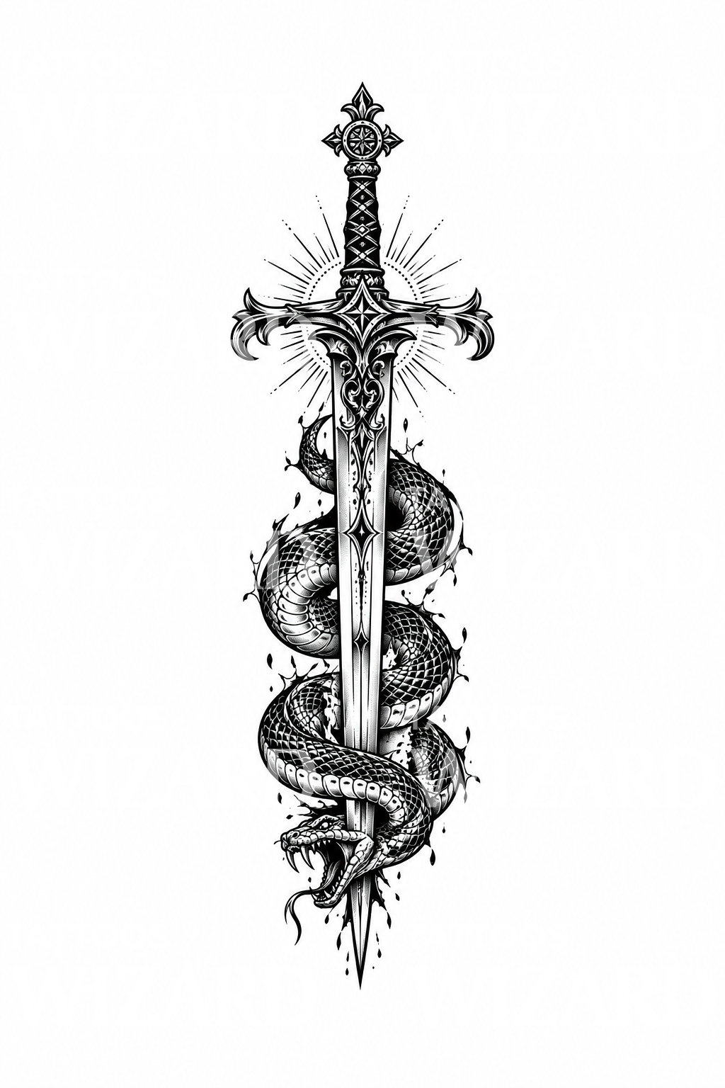 Archangel Michael Sword through Serpent Blackwork Tattoo