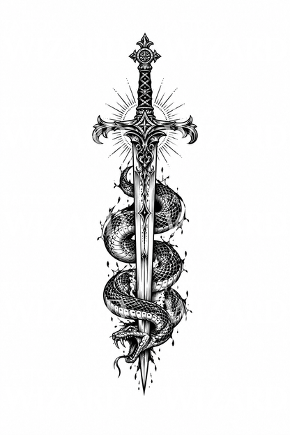 Archangel Michael Sword through Serpent Blackwork Tattoo